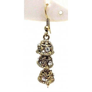 Golden Oxidized Earring Jhumka - Hook Dangle Drop Long Chandelier - Triple Decker